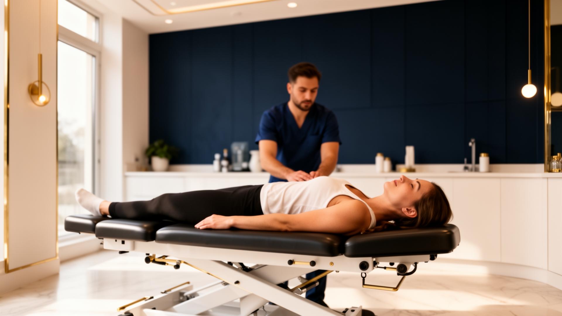 Modern luxury chiropractic clinic interior with patient on adjustment table